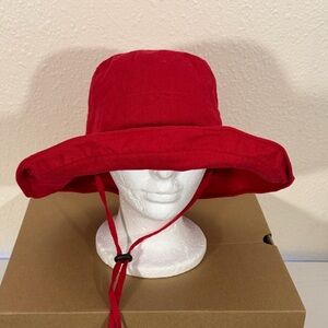Red wide-brim linen blend bucket sun hat walking travel unisex drawstring